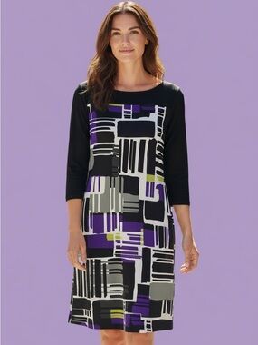Banana Republic Black Geometric Print Midi Dress with Purple and Gray Accents